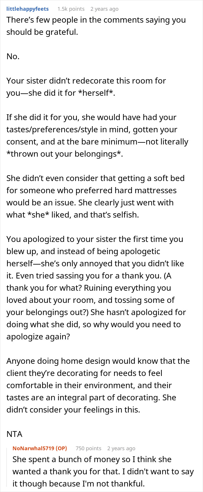 A reddit post about a sister's unwelcome room redecoration, discussing the sibling's surprise and negative reaction.