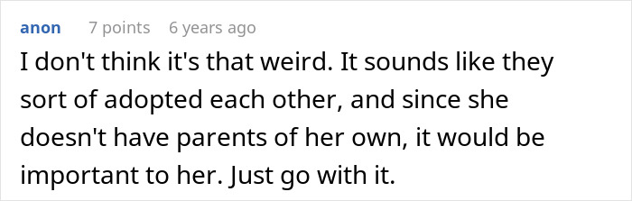 Comment supporting surrogate parents walking bride down aisle due to no parents of her own