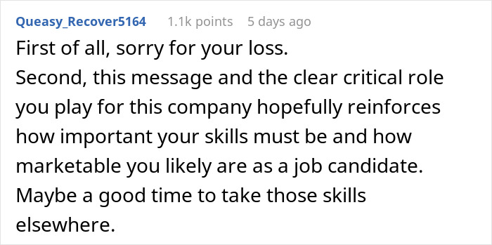 Comment advising to consider job skills and marketability after funeral time off issue