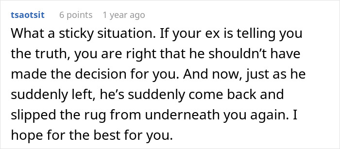Comment discussing ex-partner leaving and coming back in complex relationship situation