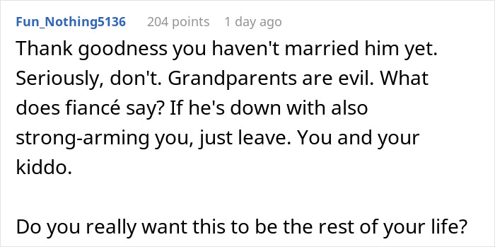A comment advising a SAHM not to marry her fianc&eacute; if he's involved in harassment over his debts.