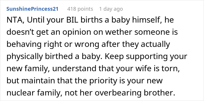 Comment about brother-in-law's opinion on newborn baby care Comment about brother-in-law's opinion on newborn baby care