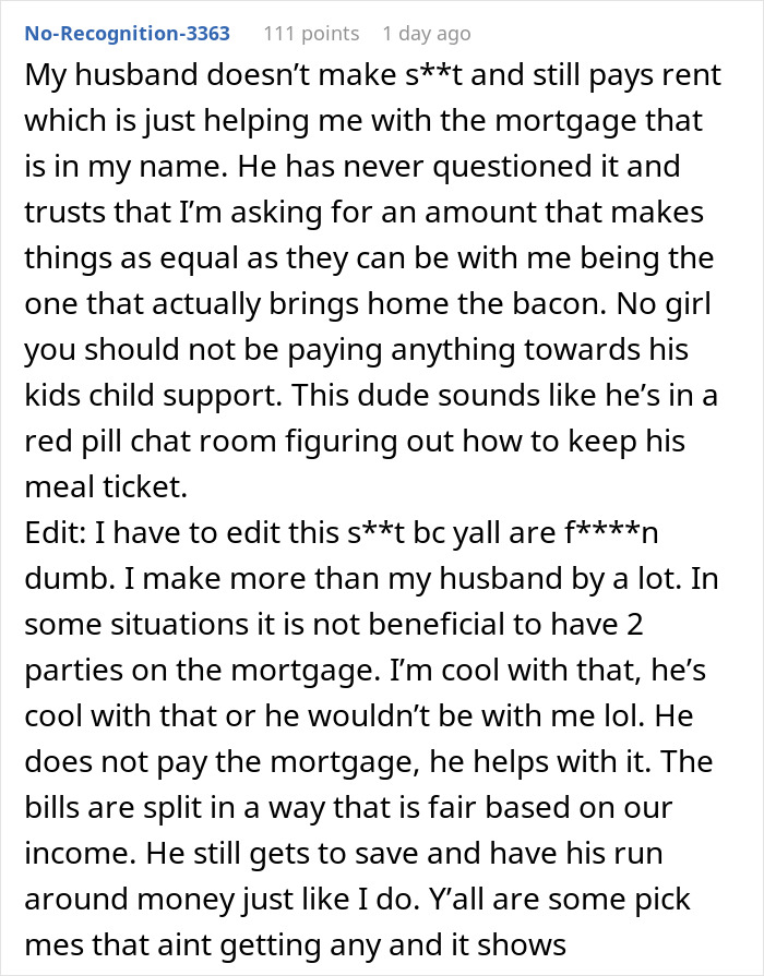 Comment explaining fair mortgage and child support arrangement amid fianc&eacute;'s 2 kids and debt