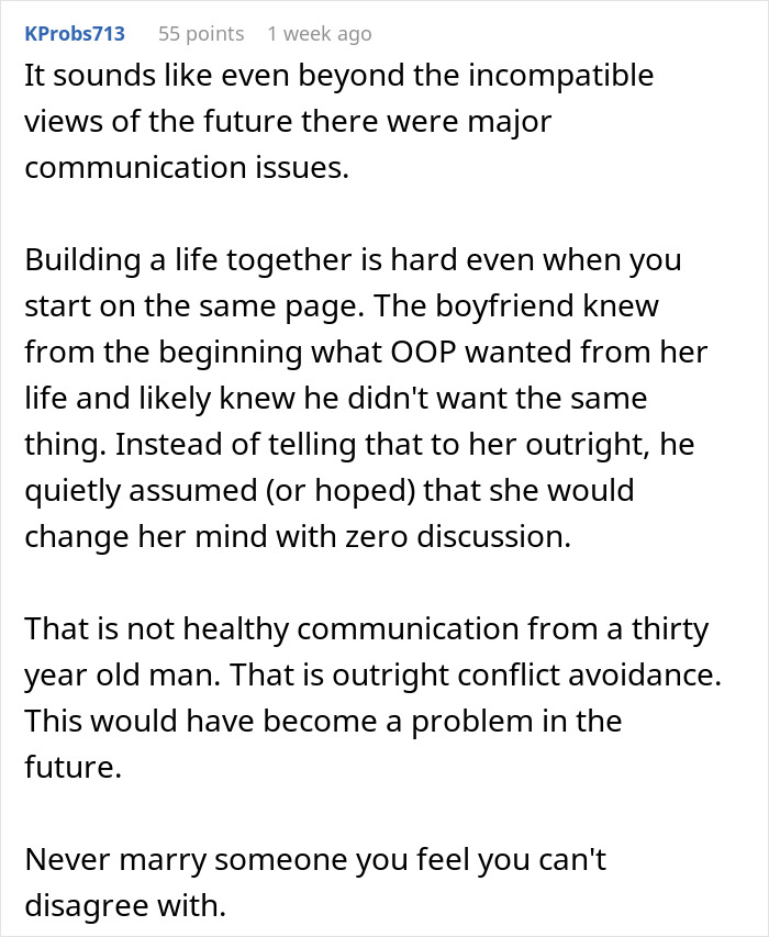 A Reddit post discussing communication issues and conflict avoidance, relevant to a woman's dream trip and impossible choice.