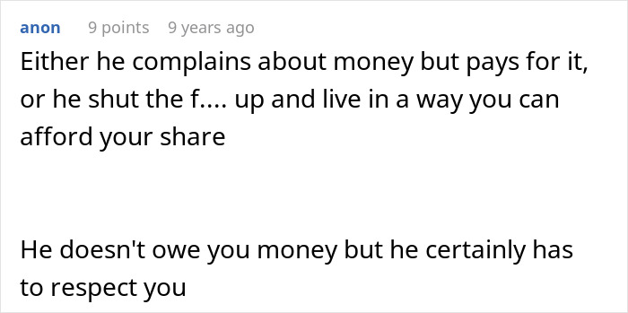 Comment about money complaints and respect in relationship with 50 50 split issue Comment about money complaints and respect in relationship with 50 50 split issue