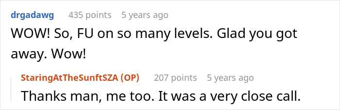 Reddit comment expressing relief after close call with fiancée Reddit comment expressing relief after close call with fiancée