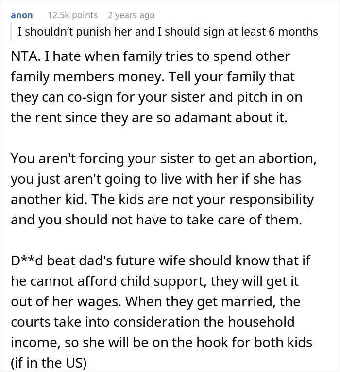 Reddit comment on rent cosigning and family financial responsibility
