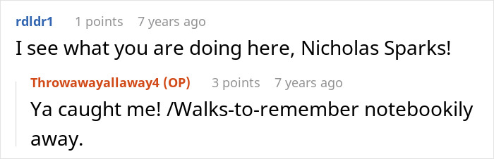 Humorous comment referencing Nicholas Sparks in cult story discussion