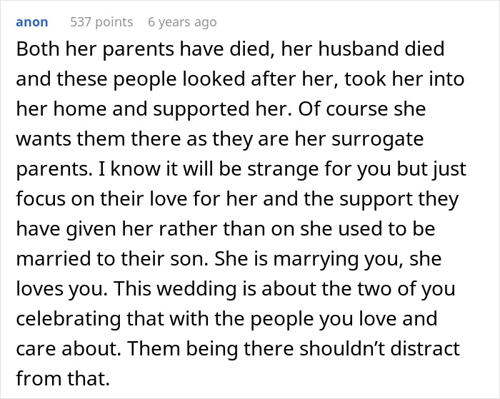 Reassurance that it's not weird for fiancee to have late husband's parents involved due to close relationship.