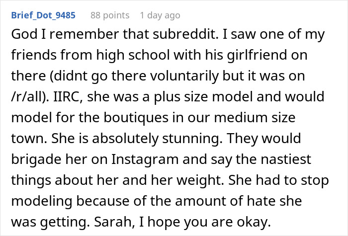 Comment recalling cyberbullying on plus size model girlfriend in subreddit