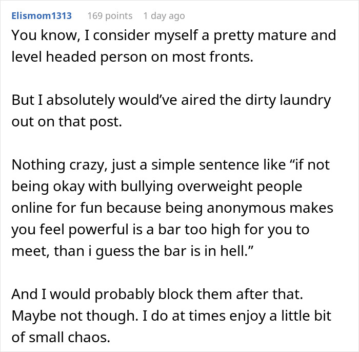 Comment on airing dirty laundry and cyberbullying overweight people for fun post