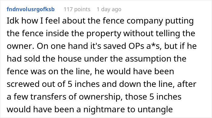 Comment discussing fence company placing fence inside property line without owner notice