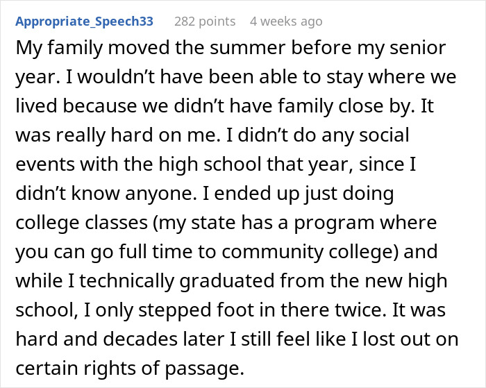 Comment about family's summer move affecting teen's senior year