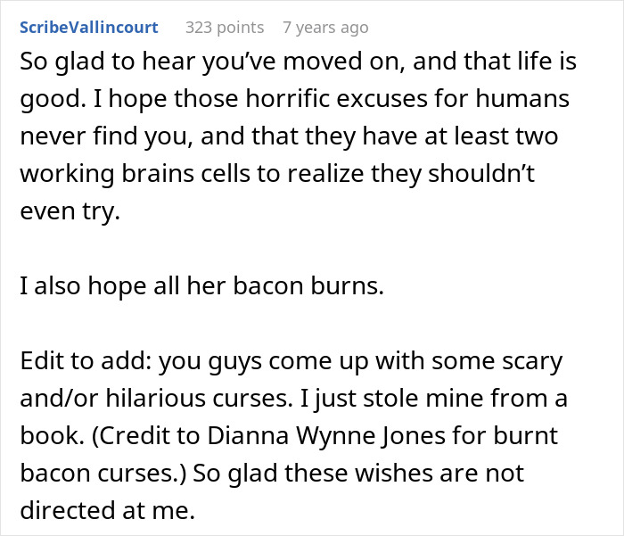 Comment wishing safety and curses on toxic MIL, mentioning burnt bacon Comment wishing safety and curses on toxic MIL, mentioning burnt bacon