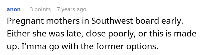 Comment discussing pregnant mothers on Southwest board