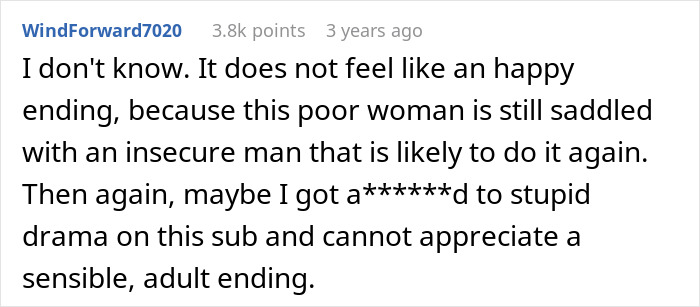 A Reddit comment discussing a man who leaves his wife and kids, then regrets it, highlighting an unhappy ending.