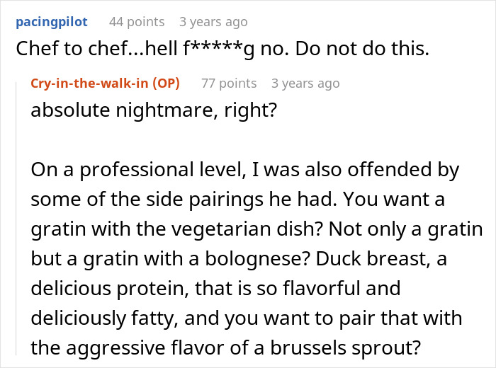 A Reddit thread discussing wedding food pairings and choices, with chefs commenting on unusual combinations and wedding meal ideas.