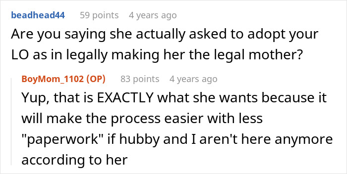 A screenshot of an online discussion about an unhinged MIL wanting to adopt a grandchild, after disowning him.