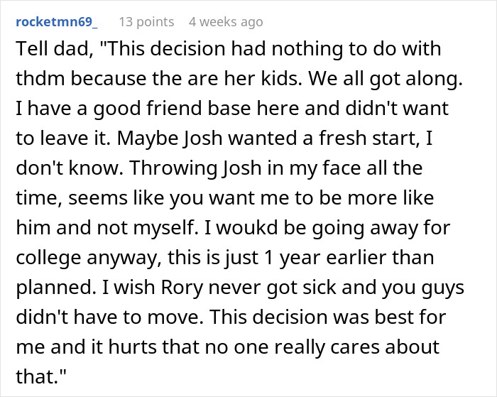 Comment explaining early college decision prioritizing education and personal needs