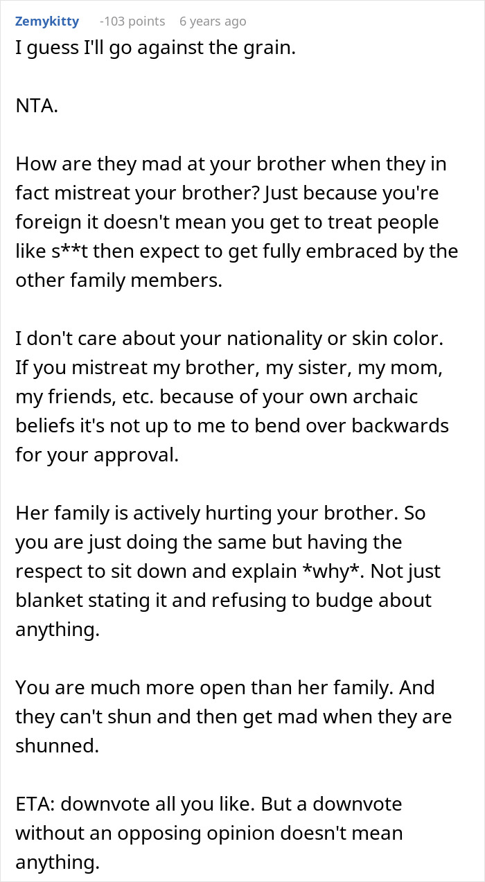 Comment defending brother against mistreatment from girlfriend's family Comment defending brother against mistreatment from girlfriend's family