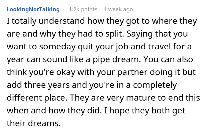 A text post discussing the impossible choice a woman makes about her dream trip after saving for 5 years.