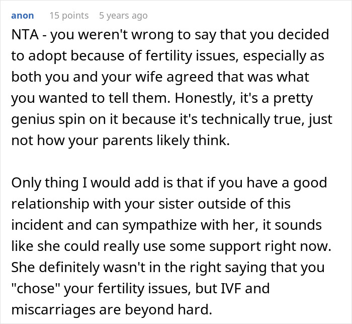 Comment supporting use of fertility issues as reason for adoption and acknowledging IVF struggles Comment supporting use of fertility issues as reason for adoption and acknowledging IVF struggles