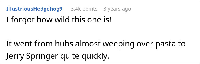 User remarks on the dramatic turn of events from ruined pasta to a family feud