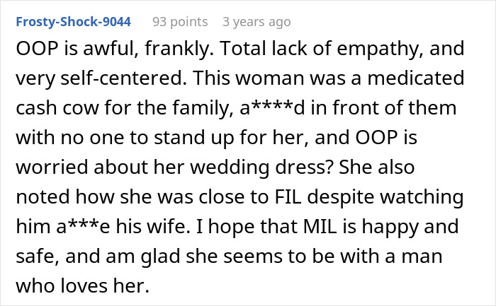 Reddit comment condemning daughter-in-law's attitude about $60K wedding dress damage