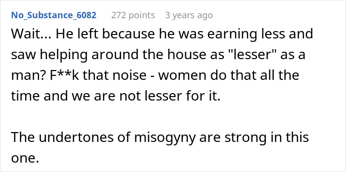 Reddit comment on a man who leaves wife and kids, discusses misogyny and domestic roles, relating to regret.