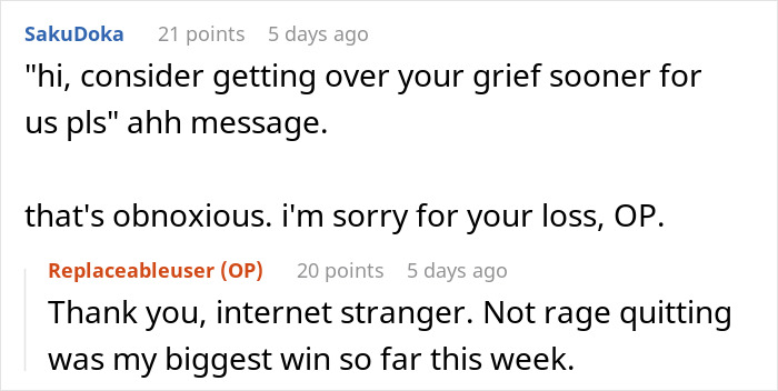 Condolences expressed for loss and grief with frustration over boss's insensitive message