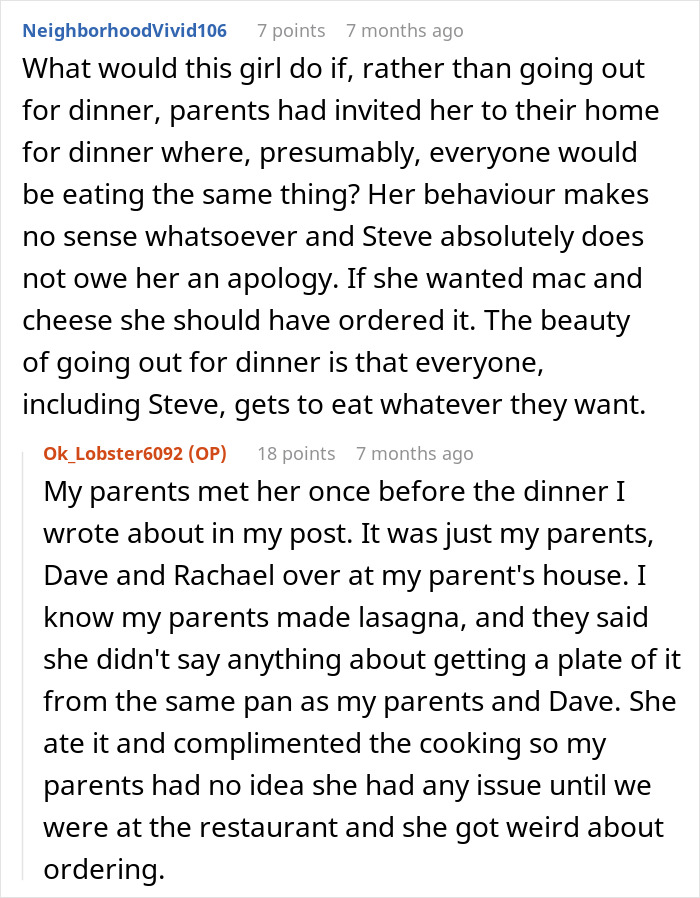 Text debating dinner behavior and restaurant ordering issues