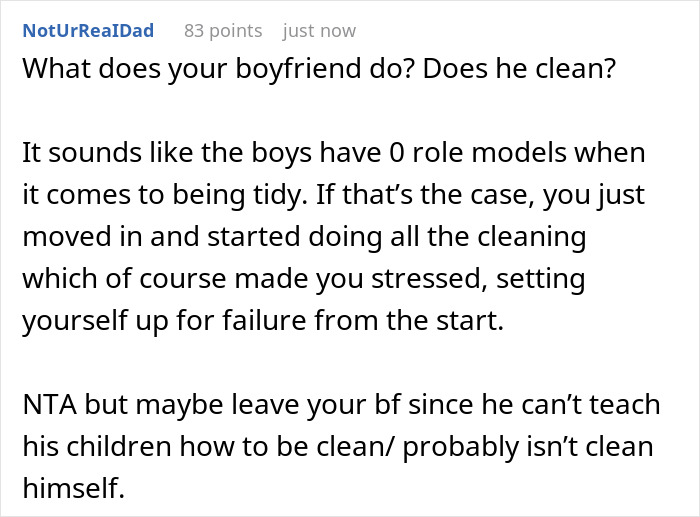 A Reddit post suggesting a woman stop being a maid to her BF's children if he can't teach them to clean.