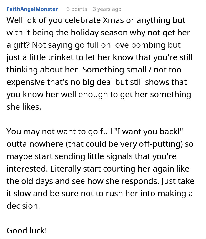 A Reddit comment suggesting how a guy can win back his ex-wife, offering advice on how to regret leaving her.