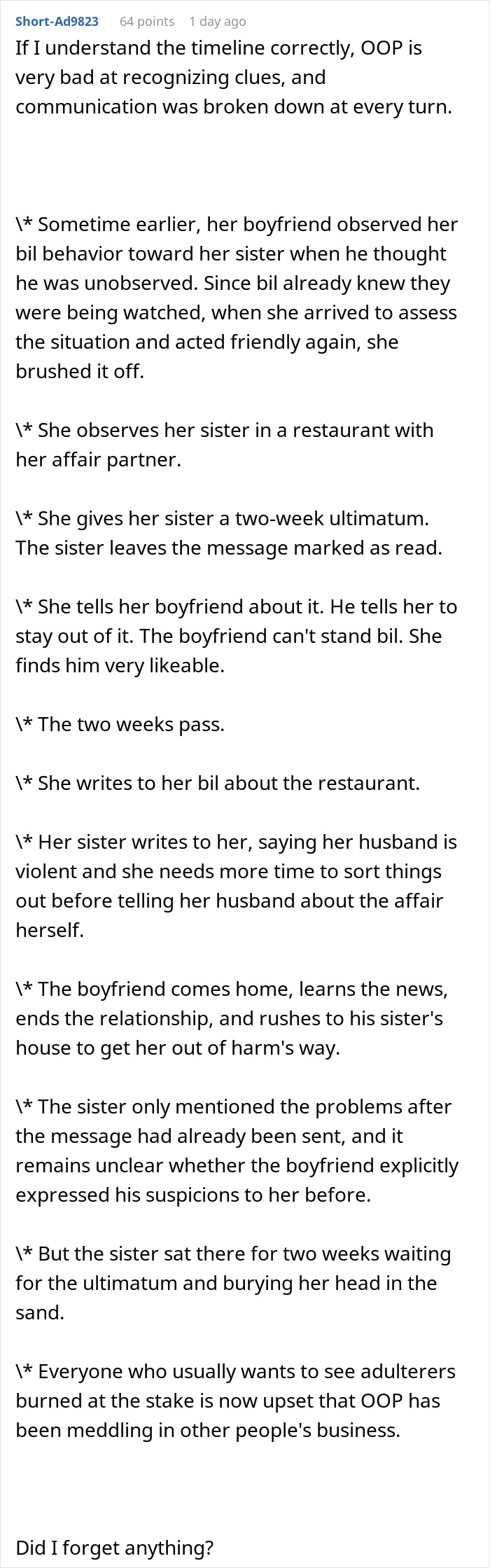 A woman reveals her sister's affair, triggering breakups and family drama. The text details a complex timeline of events.