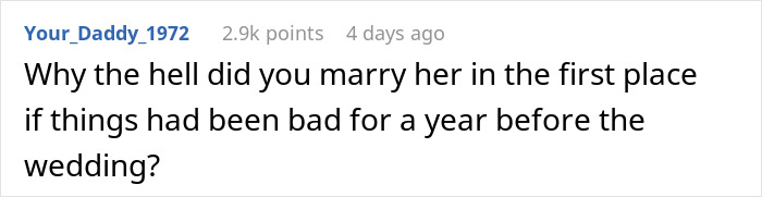A Reddit comment asking a husband about his wife's honeymoon behavior, leaving readers questioning his sanity.
