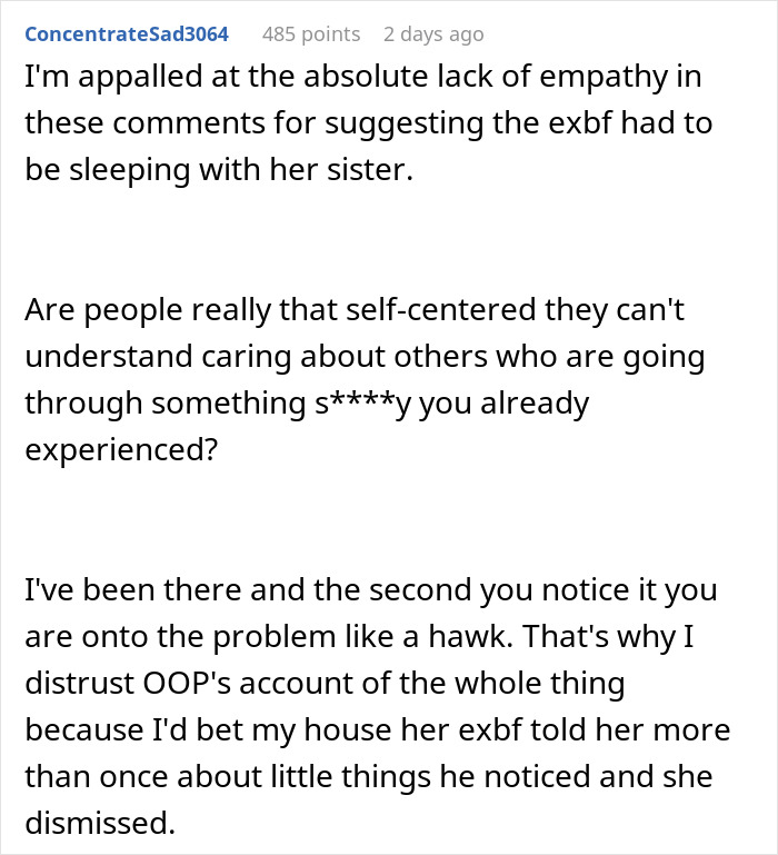 A reddit post discussing a woman revealing her sister's affair, leading to breakups across the entire family.