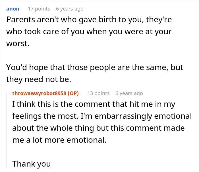 Comment about parents being those who care for you, emphasizing emotional impact of the situation.