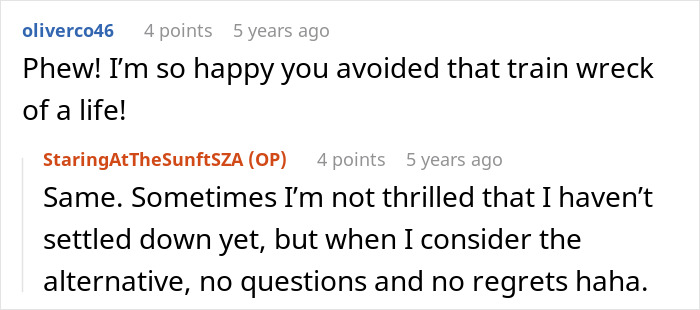 User expressing relief about avoiding a difficult relationship in dinner fiasco User expressing relief about avoiding a difficult relationship in dinner fiasco