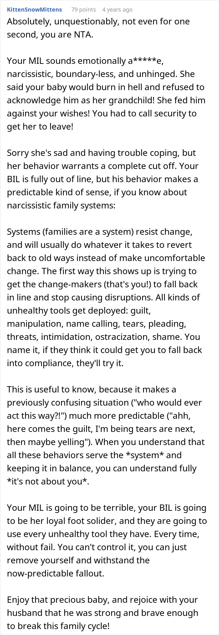 A Reddit post from KittenSnowMittens gives advice about a Mother-in-Law disowning grandchild over circumcision.