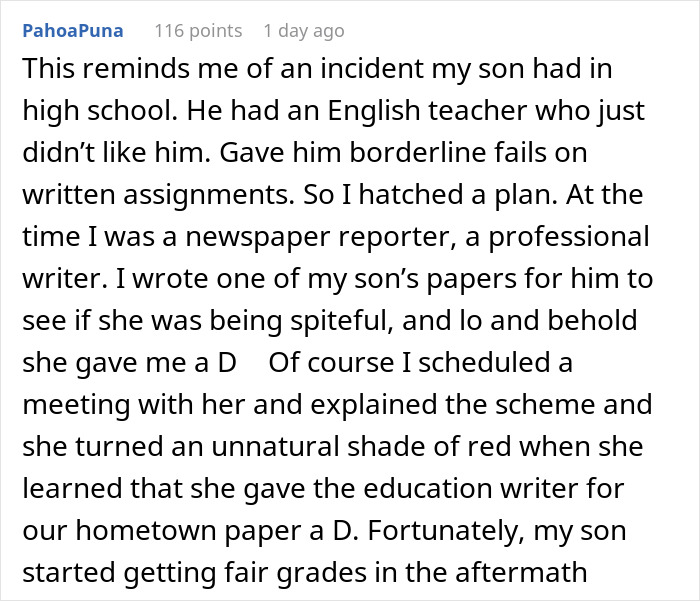 Comment sharing story of parent fighting teacher's spiteful grading Comment sharing story of parent fighting teacher's spiteful grading