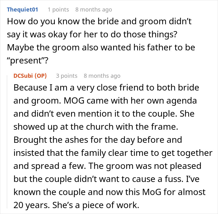 Discussion about bride and groom's approval of mother-in-law's actions at wedding