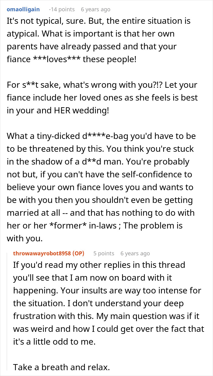 Rational explanation supporting fiancee's choice to have late husband's parents walk her down the aisle.
