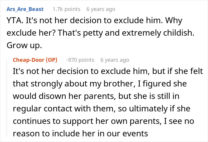 Comment arguing exclusion of brother's girlfriend is petty and childish Comment arguing exclusion of brother's girlfriend is petty and childish