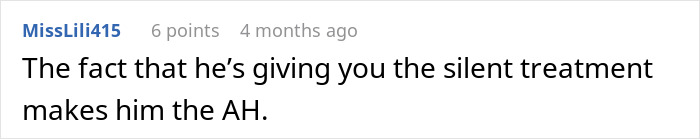 A Reddit comment from MissLili415 on a wife refusing to talk about her job with a man who was never interested.
