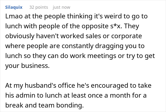 A screenshot of a Reddit comment discussing a coworker's lunch invite, highlighting situations that can be mistaken for a date.