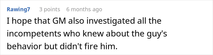 A comment from user Rawing7 asking for an investigation into those who knew about the coworker from hell's behavior.