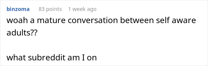 A Reddit comment expressing surprise at a mature conversation between self-aware adults, relating to a Woman's Dream Trip.