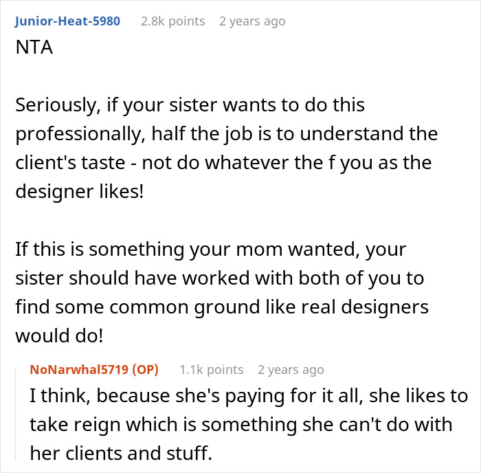 A Reddit comment on a sister redecorates sibling's room post, criticizing the sister for not understanding taste.