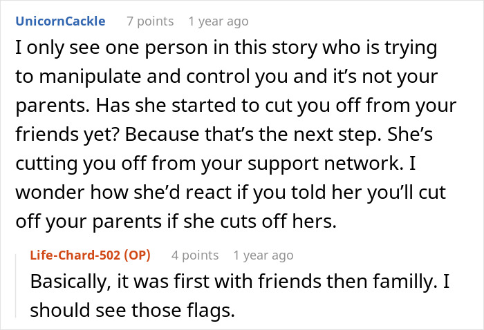 A Reddit comment section showing advice on dealing with a manipulative fianc&eacute;e trying to cut off his parents.