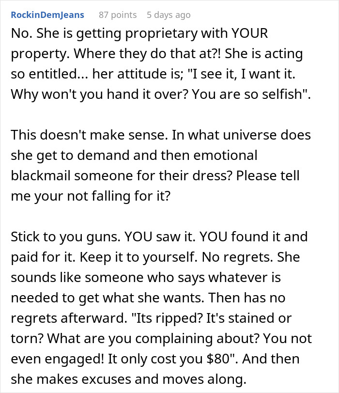 Comment on emotional blackmail related to a dream wedding dress Comment on emotional blackmail related to a dream wedding dress